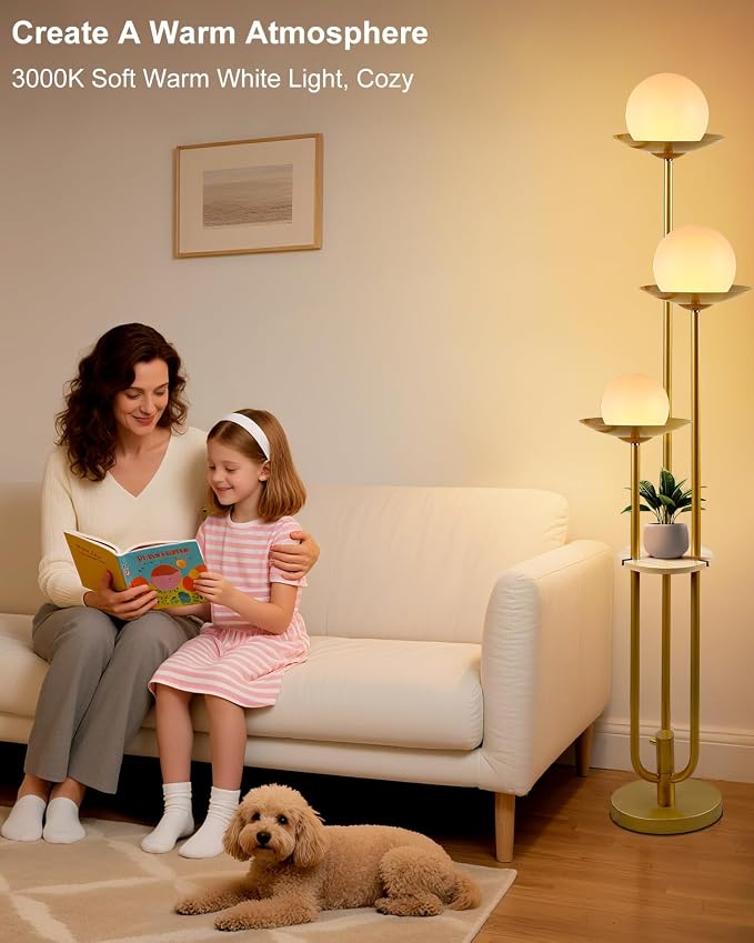 Lightdot 3-Light Globe Floor Lamp with Shelf Modern Dimmable Floor Lamps for Wedding/Party, 3000K Warm White Bulbs Included, Gold Tall Standing Lamp for Living Room/Bedroom/Sofa Beside/Corner Decor