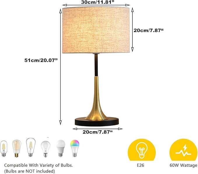 Vintage Bedside Table Lamp, 3 Way Dimmable Mid Century Modern Table Lamps for Living Room, Fabric Shade Black Gold Base Small Desk Lamp for Side end Table Bedroom Office