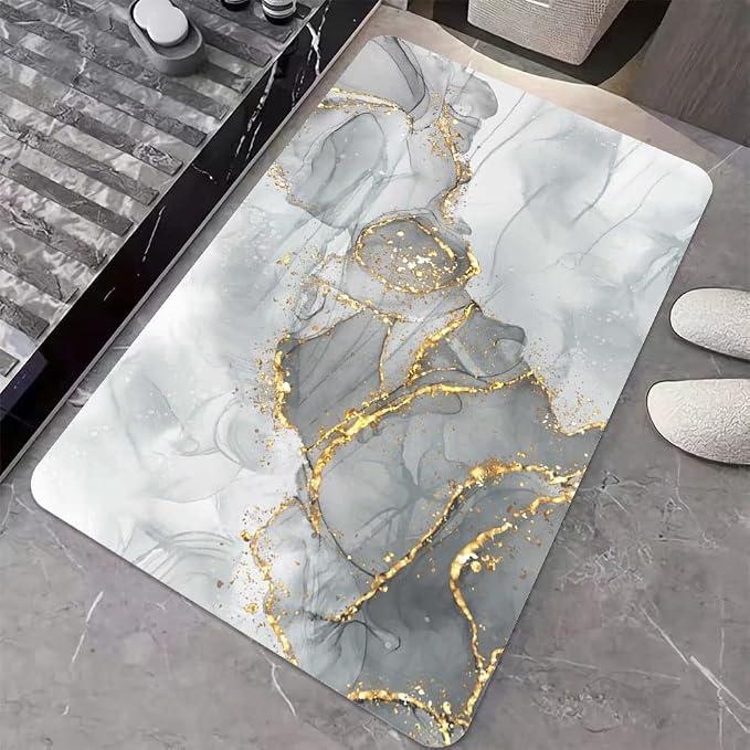Diatomaceous Earth Bath Mat,Gold Grey Marble Non-Slip Volume Super Absorbent Fast Drying for Bathroom Kitchen Door mat,Eco-Friendly Easy to Clean 16×24Inch (40 * 60cm)