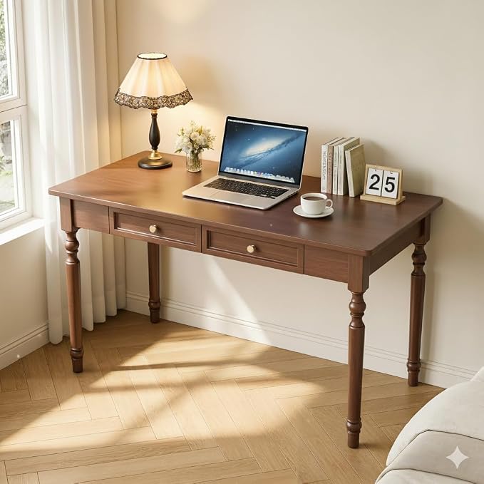 Solid Wood Desk with Drawers,47.2'' Small Computer Desk for Small Spaces,Gaming Study Home Office Desks for Work,Student PC Desk for Bedroom,Escritorios para Cuartos (Walnut)
