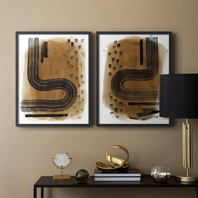 Renditions Gallery Set of 2 Peel & Stick Framed Prints, Abstract Wall Art, Hand Drawn Ink Curves Wall Decor, Re-Stickable - Ready to Hang - 11"x14" - Black Frame LT588