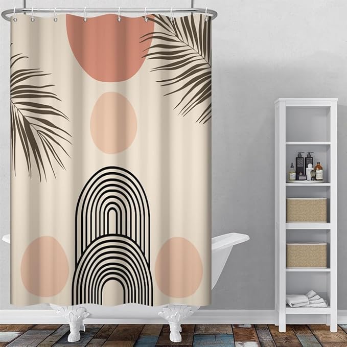 Pink Boho Shower Curtain for Bathroom Modern Abstract Minimalist Bathroom Decor Mid Century Arch Sun Leaf Aesthetic Bathtub Curtains Machine Washable Waterproof Polyester Fabric with Hooks 48x72 Inch