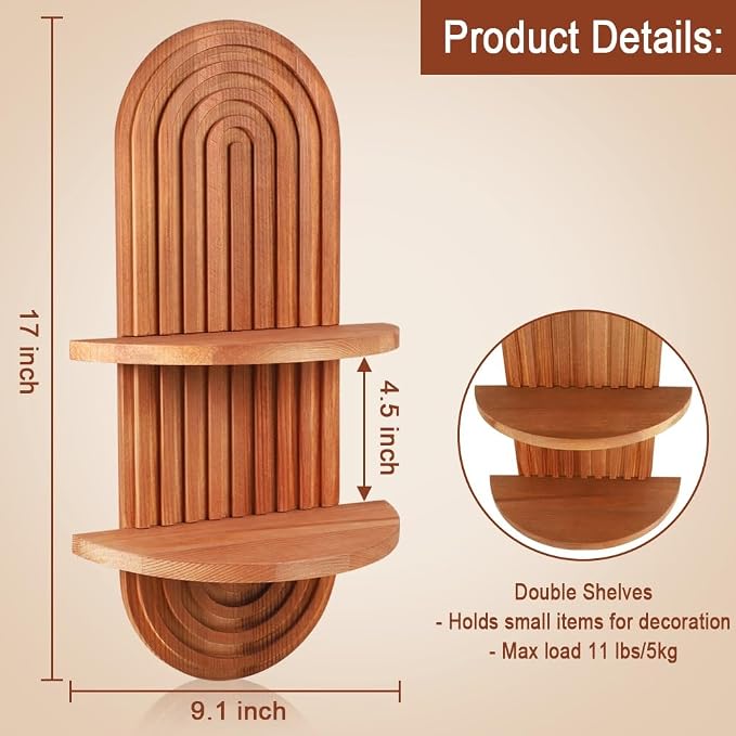 Arched Wall Shelf, Mid-Century Modern Boho Floating Shelf for Plants, Solid Wood 2-Tier Shelves for Bedroom Living Room Bathroom, Brown Wall Decor for Planter, Candlestick, Ornaments