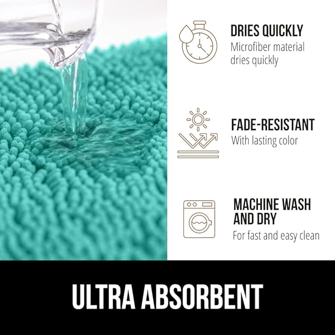 GORILLA GRIP Bath Rug Mat 30x20, Thick Soft Absorbent Chenille, Quick Dry Microfiber Mats, Rubber Backing Washable Shower Floor Rugs, US Designed Bathroom Bathmat Home Decor Accessories, Turquoise