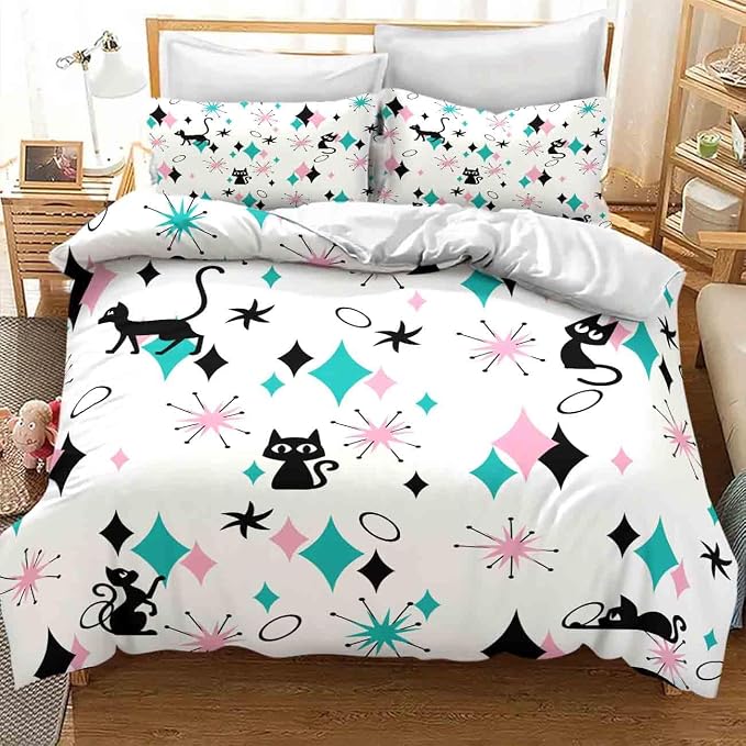 Geometry Modern Bedding Set,Mid Century Black Cat Abstract Atomic Geometric Vintage 1950s 1960s Pattern Print Yellow Comforter Set with Pillowcase for Bedroom Bed Decor,King 102"x90"