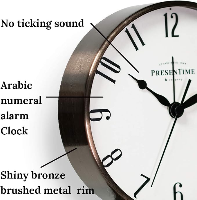 Presentime & Co Lewis Mantel Alarm Clock, Desk and Shelf Clock, Tabletop Decoration, 5.5 x 5 inch, Silent no Ticking, Metal Base, Bronze Finish, Arabic Numeral