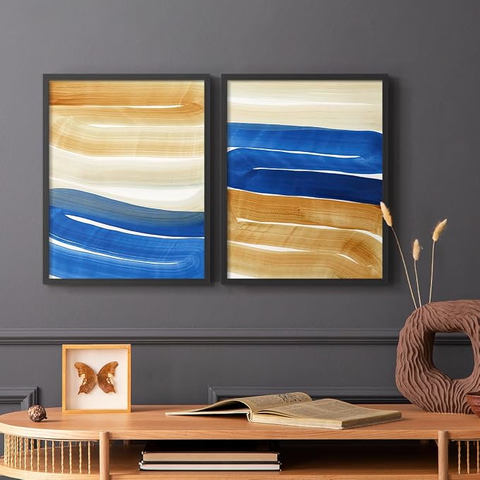 Renditions Gallery Set of 2 Peel & Stick Framed Prints, Abstract Wall Art, Blue and Gold Wave Textured Background Wall Decor, Re-Stickable - Ready to Hang - 8"x10" - Black Frame LT588