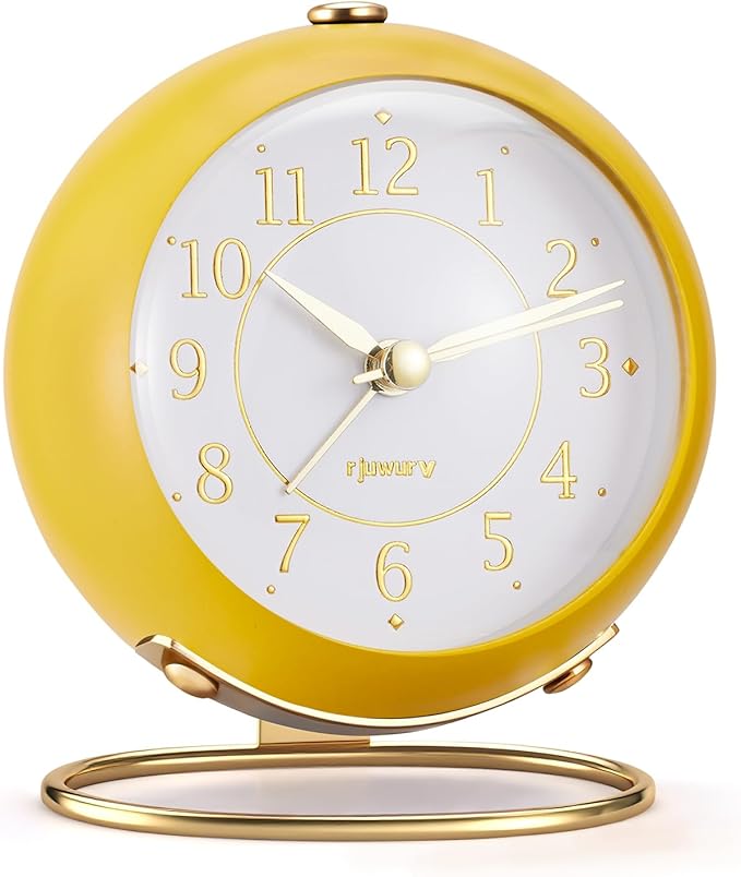 rjuwurv Metal Desk Alarm Clock, Retro Bedroom Table Vintage Analog Silent Non-Ticking Gold Alarm Clock, Bedside Decor(Mango Yellow)