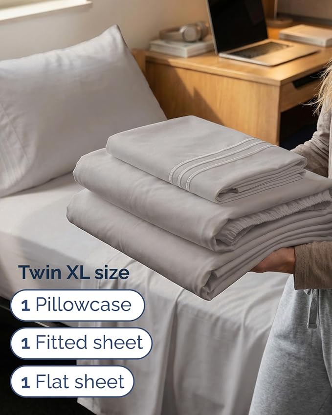 Twin XL Size 3 Piece Sheet Set - Comfy Breathable & Cooling Sheets - Hotel Luxury Bed Sheets for Women & Men - Deep Pockets, Easy-Fit, Soft & Wrinkle Free Sheets - Light Grey Oeko-Tex Bed Sheet Set