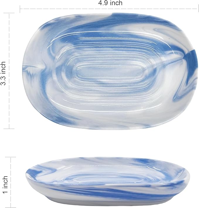 Soap Dish, Ceramic Soap Dish with Marble PatternShower, Soap Saver Tray for Bathroom, Kitchen Sink & Vanity, Multi-Use Holder for Jewelry, Rings, Keys (1 Pack, Blue-White)