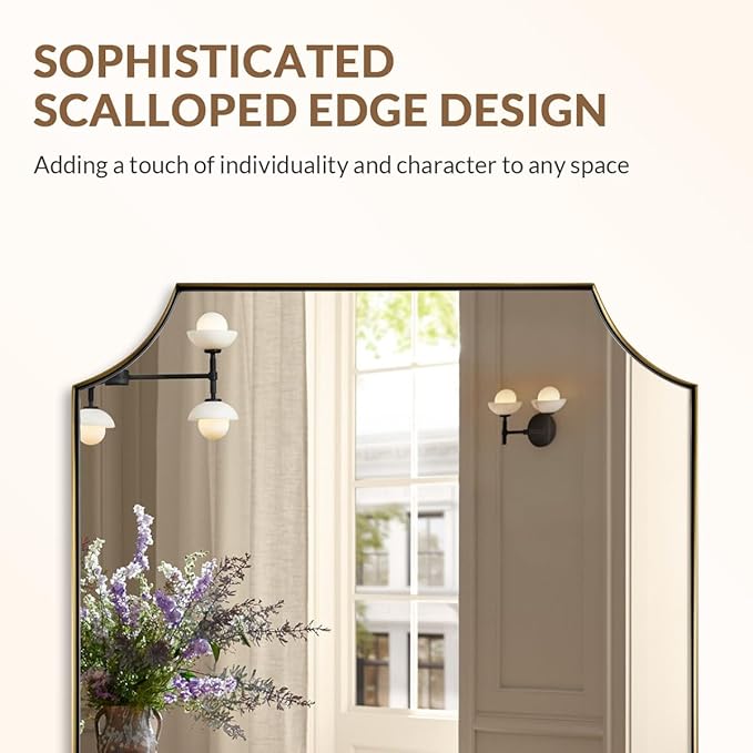 ANDY STAR 28"x36" Gold Mirror, Brushed Brass Bathroom Vanity Mirror, Scalloped Wall Mirror with Rust-Proof Stainless Steel Metal Thin Frame Deep 1", Hangs Vertically or Horizontally
