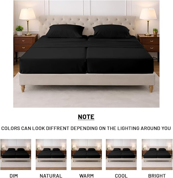 SGI Split King Sheet Set for Adjustable Bed Egyptian Premium Cotton 600 Thread Count Sheets for Sleep Number Bed 15" Deep Pocket 5 Pc Set with 2 Twin XL Fitted Sheets Soft Breathable -Black