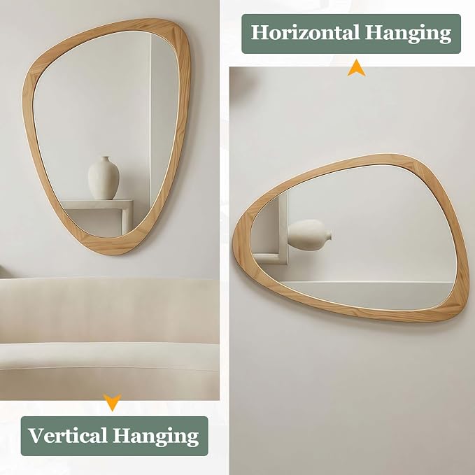 Majnesvon 24x36 Inch Asymmetrical Wall Mirror Wood,Rustic Irregular Shaped Vanity Mirror for Bathroom,Bedroom, Living Room, Entryway, Fireplace,Wall Decor,Solid Wooden Frame (Oak, 24"x36" Inch)