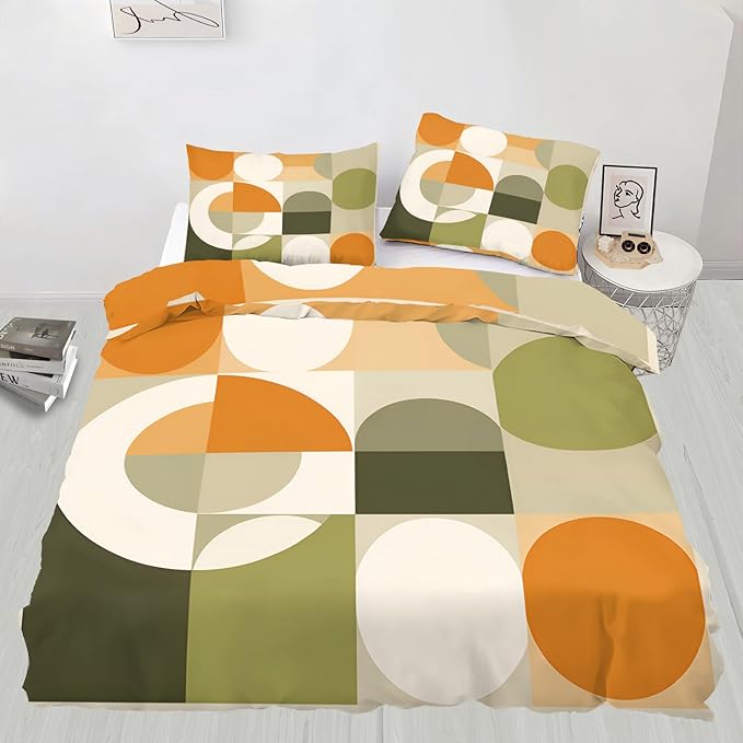 Mid Century Modern Duvet Cover Twin Size, Abstract Geometric Bedding Set 2 Piece Kids and Adults Circle Medieval Comforter Cover and 1 Pillow Sham with Zipper Closure