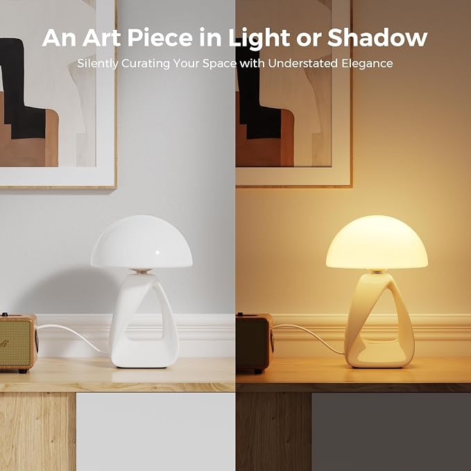 Mushroom Lamp, Small Table Lamp for Bedroom, Creative Geometric Ceramic Base Bedside Lamp, Mid Century Modern Side Table Lamp for Living Room Nightstand, Unique Aesthetic Home Decor Gift Ideas, White