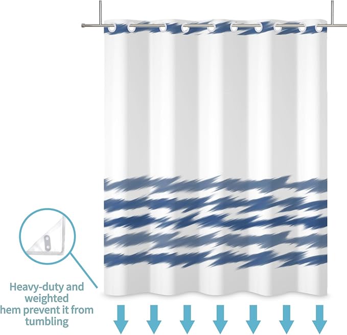 No Hook Blue Striped Shower Curtain with Snap in Fabric Liner Set Washable Wavy Blue Pattern Modern Hotel Quality Shower Curtain with See Through Mesh Double-Layered Curtains for Bathroom 71x74 Inch