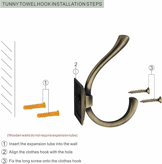 TUNNY 5 Pack Antique Design Wall Hanging Coat Hooks - Brushed Antique Brass Coat Hooks Towel Hook for Entry Shoe Cabinet, Wardrobe Bathroom Bedroom Furniture Hardware