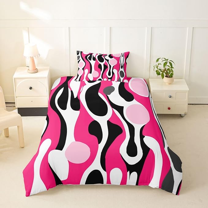 Erosebridal Organic Geometric Duvet Cover Set Modern Abstract Girl Toddler Bedding Set for Teen Boys Retro Mid Century Comforter Cover Modern Fluid Art Irregular Circles Bed Sets,Fuchsia Pink
