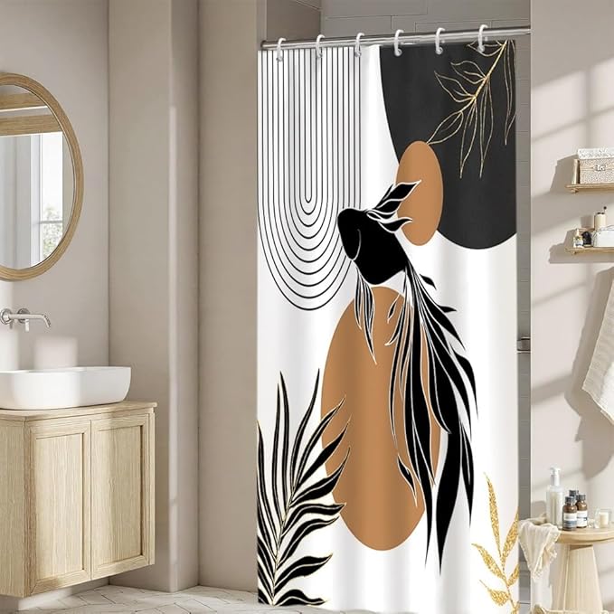 Boho Abstract Goldfish Shower Curtain Modern Abstract Minimalist Neutral Bathroom Decor Arch Sun Black Gold Leaf Chic Aesthetic Bath Curtains Washable Waterproof Polyester Fabric with Hooks 36x72 Inch