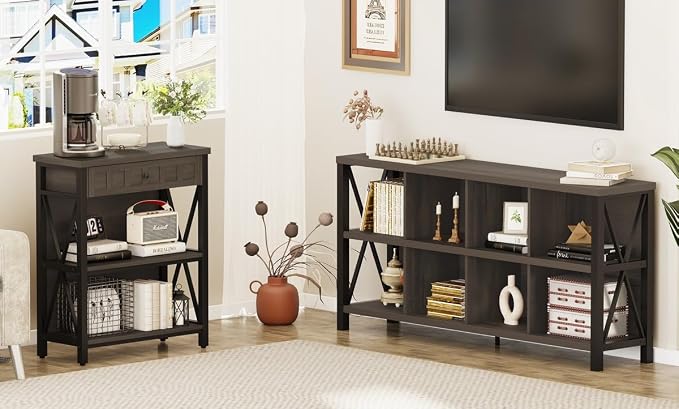 FATORRI 8 Cube Storage Organizer Bookshelf and Small Bookshelf with Drawer (Walnut Brown)