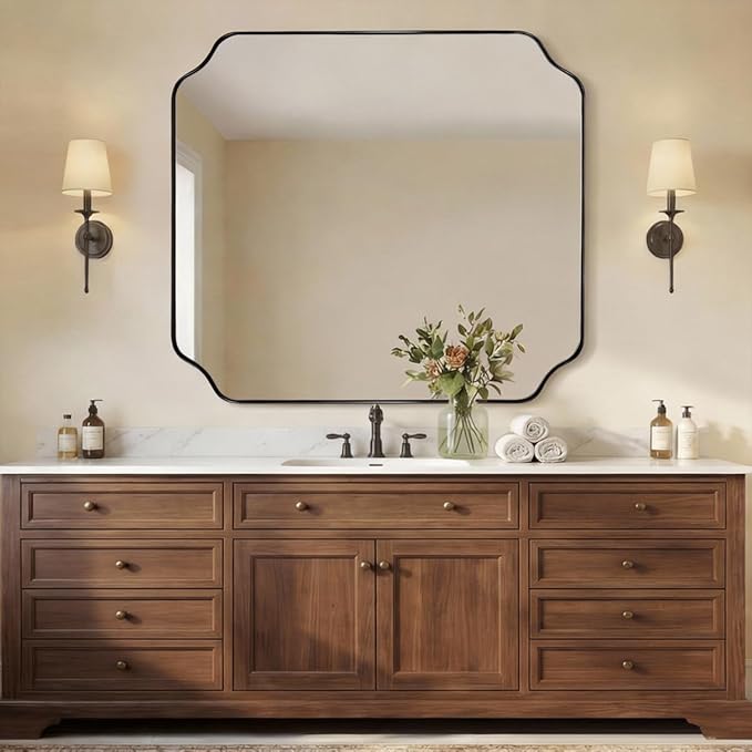 ANDY STAR 36x40 Inch Bathroom Mirror, Large Black Vanity Mirror for Wall, Modern Scalloped Mirror in Premium Stainless Steel Metal Thin Frame, Unique Rounded Notched Corners, Vertically/Horizontally