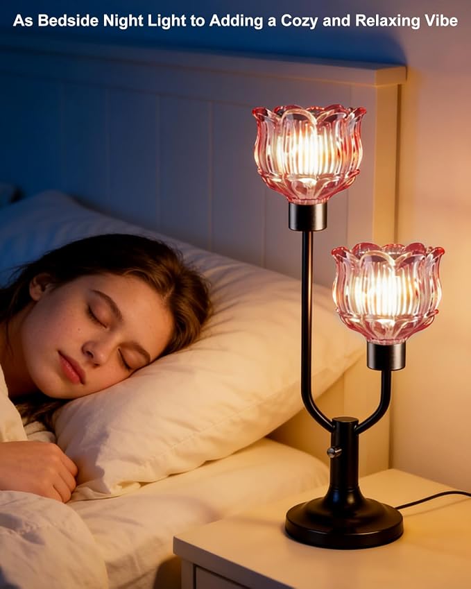 Lightdot Mid Century Modern Red Table Lamp Dimmable Vintage Black Flower Desk Lamp Lotus Glass Nightstand Lamp 2 Bulbs Included Warmwhite Ambient Bedside Lamp for Living Room Bedroom Home Office Decor