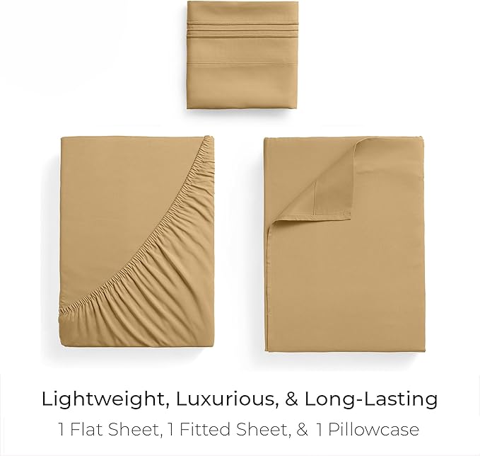 Mellanni Twin XL Sheets Set - 3 PC Iconic Collection Bedding - Hotel Luxury, Extra Soft, Cooling Bed Sheets - Wrinkle, Fade, Stain Resistant (Twin Extra Long, Gold)