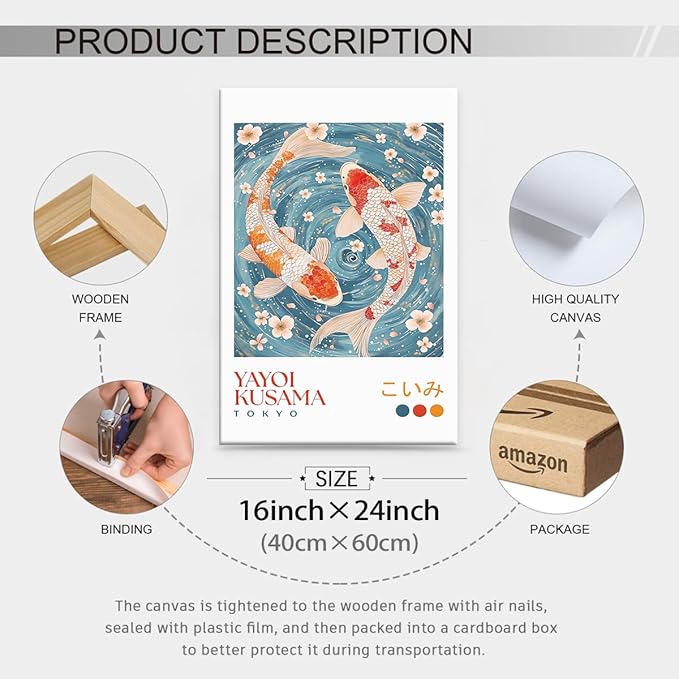 Light Blue Koi Fish Wall Art Japanese Yayoi Kusama Canvas Poster 16X24 inch Framed Modern Vintage Animal Aesthetic Paintings for Living Room Bedroom Dorm Wall Decor