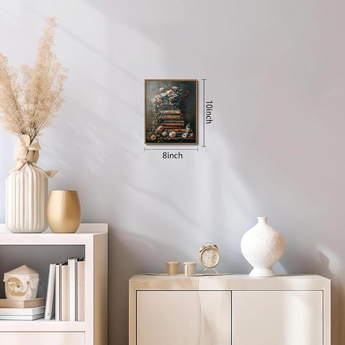 WALLZK Vintage Framed Wall Art Floral Books Canvas Prints Library Antique Literary Retro Decor Botanical Pictures Artwork for Walls Living Room Study Bedroom Bathroom 8"x10"