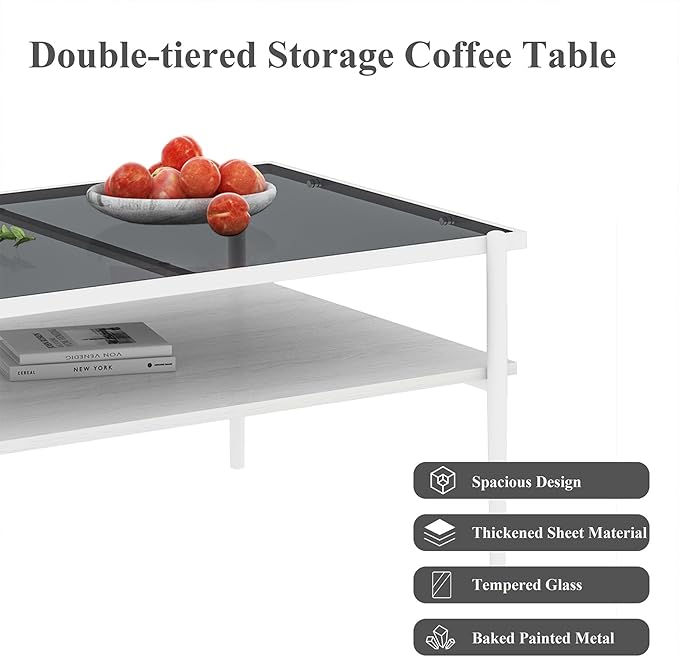 Mid Century Modern 2-Tier Coffee Table with Gray Tempered Glass Top & Wood Storage Shelf – Space-Saving Center Table for Living Room, Apartment & Small Spaces (White-A)