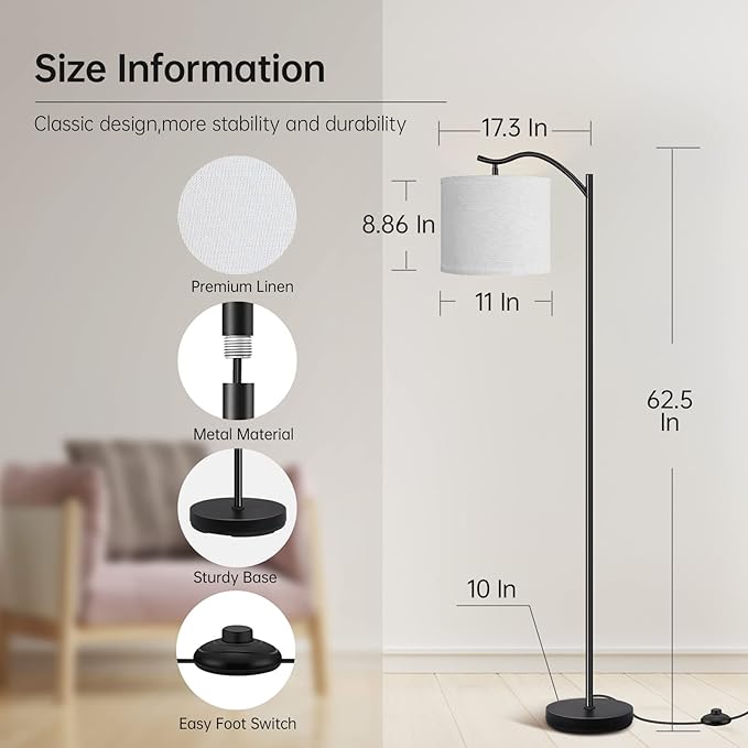 BoostArea Modern LED Arched Floor Lamp with Natural Linen Shade, 3 Brightness Levels, E26 Socket, Footswitch, 63-inch Tall, White