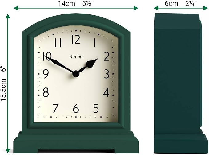 JONES CLOCKS® Tavern Mantel Clock | Modern Arch top Design | Dark Green | Contemporary Classic Style for Desk, Table, Shelf or Bedside