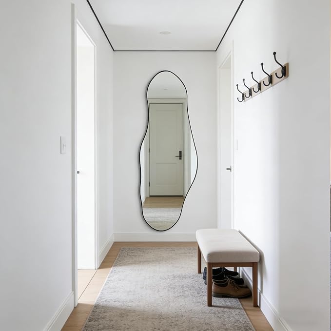 Irregular Mirror Full Length, 63"x22.5" Large Asymmetrical Wall Mirror, Black Metal Frame Abstract Decorative Mirrors for Living Room Bathroom Bedroom Hallway Entryway Fireplace