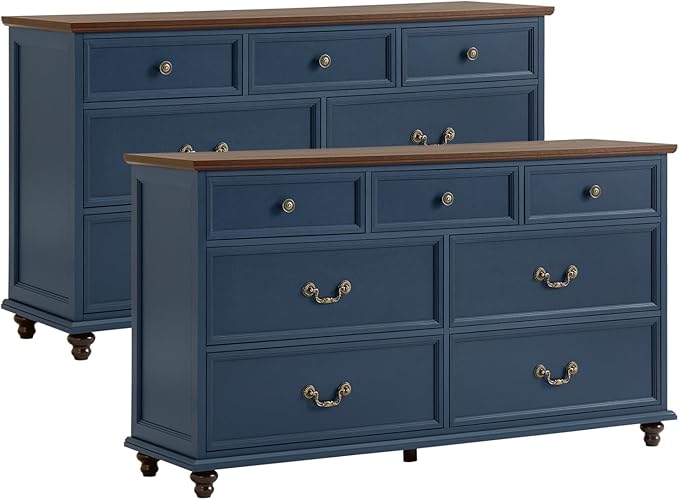 Farmhouse 7 Drawers Dresser Sets of 2 for Bedroom, Navy Blue 54 Inch Wide Chest of Drawers w/ 4 Wooden Legs, Large Vintage Rustic Closet Dressers for Living Room, Wood TV Stand