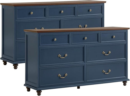 Farmhouse 7 Drawers Dresser Sets of 2 for Bedroom, Navy Blue 54 Inch Wide Chest of Drawers w/ 4 Wooden Legs, Large Vintage Rustic Closet Dressers for Living Room, Wood TV Stand
