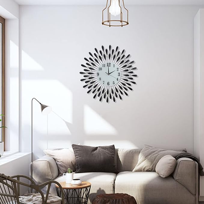 24 INCH Large Wall Clock for Living Room Decor,Non-Ticking Quiet Metal Petals Dial Glass Big Wall Clocks Black for Bedroom,bedrooms Kitchen and Small Space Decoration