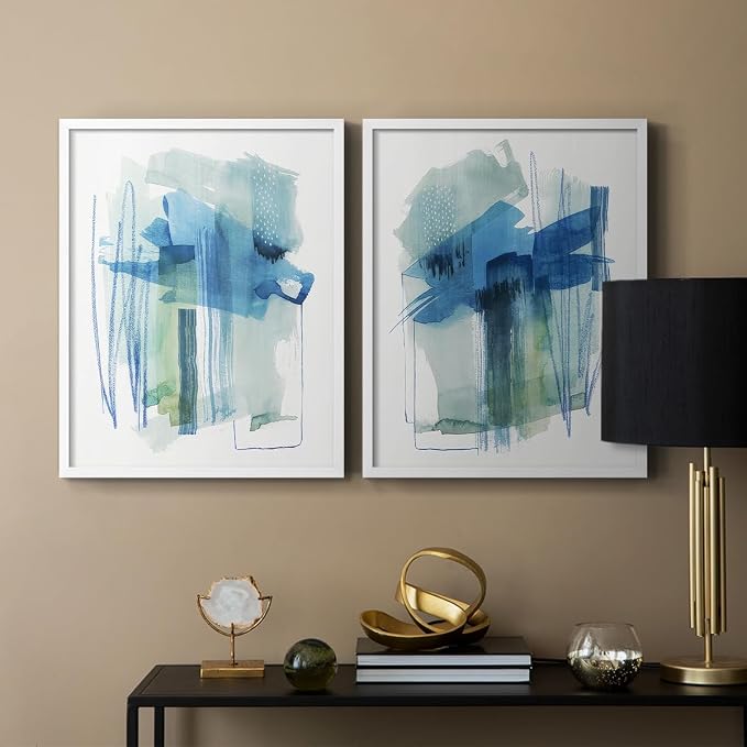 Renditions Gallery Set of 2 Peel & Stick Framed Prints, Modern Abstract Wall Art, Blue and Neutral Bold Brushstrokes Wall Decor, Re-Stickable - Ready to Hang - 22"x28" - White Frame LT588
