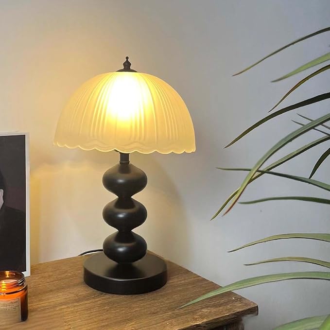 14" Metal Desk Lamp Vintage Frosted Glass Table Lamp,Mid Century Black Glass Flower Table Lamp with 3 Color Temps,for Bedroom, Study, Living Room