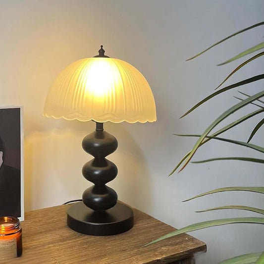 14" Metal Desk Lamp Vintage Frosted Glass Table Lamp,Mid Century Black Glass Flower Table Lamp with 3 Color Temps,for Bedroom, Study, Living Room