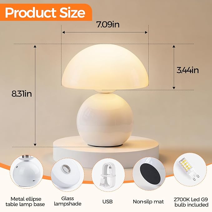 NIORSUN Wireless Mushroom Lamp,Table Lamp for Bedroom, Portables Cordless Lamps,Wireless lamp,Small Bedside Table Touch Lamps for Living Room,Mini Mushroom 5200mAh Battery Operated Lamp Modern (White)