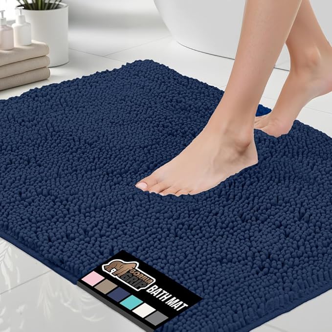 GORILLA GRIP Bath Rug Mat 60x24, Soft Absorbent Chenille, Quick Dry Microfiber Mats, Rubber Backing Washable Shower Floor Rugs, Bathmat Runner, US Designed Bathroom Home Decor Accessories Navy Blue