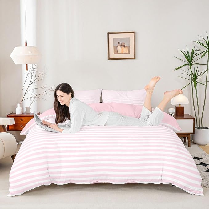 Erosebridal Pink White Stripe Duvet Cover Queen Geometric Ticking Stripes Bedding Set for Kids Teens Farmhouse Vertical Stripes Comforter Cover Modern Abstract Bed Set, 2 Pillowcases