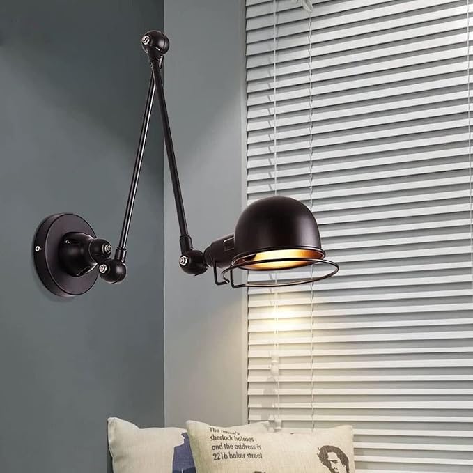 Retro Extendable Wall Lighting Fixture Swing Arm Long Wall Sconces with Adjustable Head Rotated Lamp Arm Reading Light for Study Bedroom Bedside Lamp