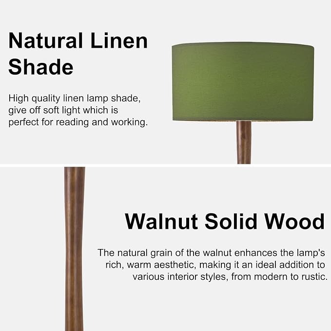 62" Tall Rustic Wood Floor Lamp for Living Room, Farmhouse Walnut Wood Floor Lamps with Linen Shade, UL Listed Standing Lamps with Wooden Base for Bedroom, Corner, Dining Room,Office, Green Shade