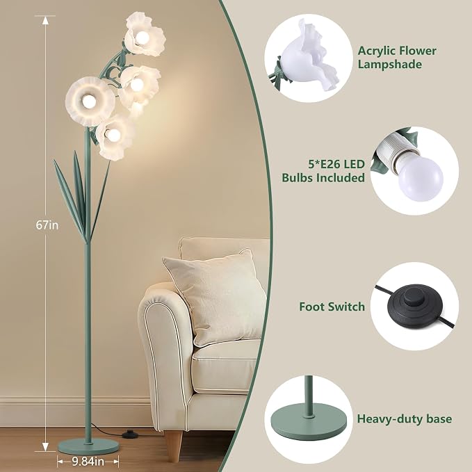 5 Light Flower Floor Lamp for Living Room,3 Color Temperatures, LED Arc Floor Lamp with Foot Switch,Cute Floral Standing Lamp for Bedroom,Curves Tall Lamp for Living Room Corner (Bulbs Included)