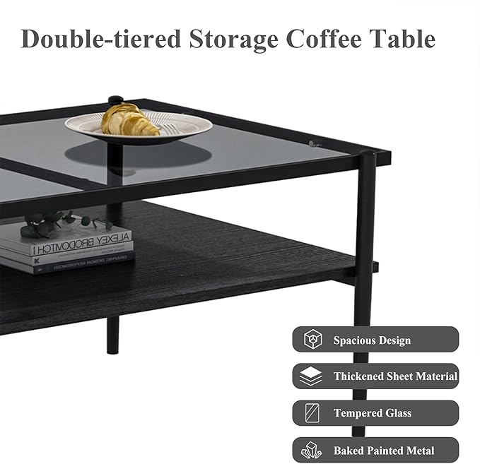 Mid Century Modern 2-Tier Coffee Table with Gray Tempered Glass Top & Wood Storage Shelf – Space-Saving Center Table for Living Room, Apartment & Small Spaces (Black)