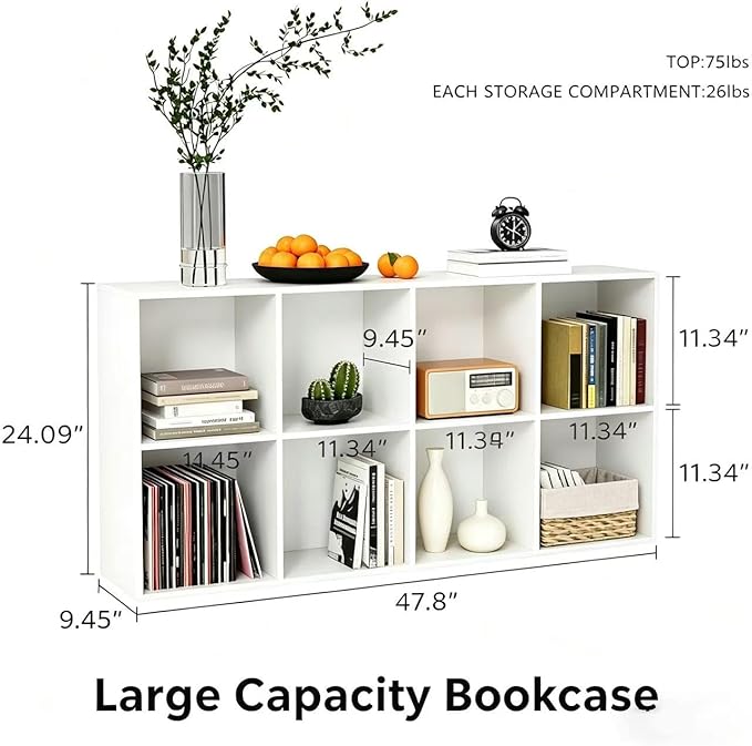 VDNEND Wooden Storage Organizer with Closed Back Panel, 11in Cube Shelf Opening, Bookshelf, Display Shelf,Closet Cabinet for Home and Office (Embossed White, 8-Cube 47.8L*9.45W*24.09H)