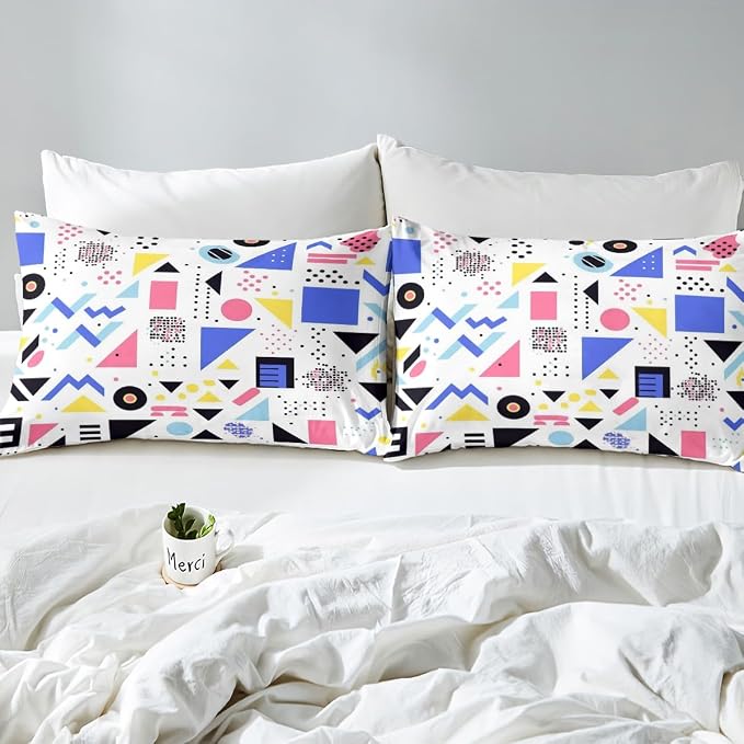 Memphis Geometric Pattern Comforter Cover Set King Size,Retro Style Round Half Moon Triangle Shapes Artwork Duvet Cover Colorful Graphic 80s 90S Style Bedding Set Abstract 1990S Memphis Home Decor
