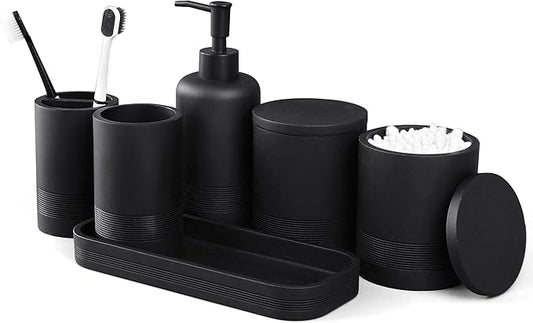LIN CHUAN 6-Piece Bathroom Accessories Set, Organizer Set with Soap Dispenser, Toothbrush Holder Set, Vanity Tray, Tumbler & 2 Cotton Swab Jars – Modern Stylish Bathroom Storage(Matte Black)