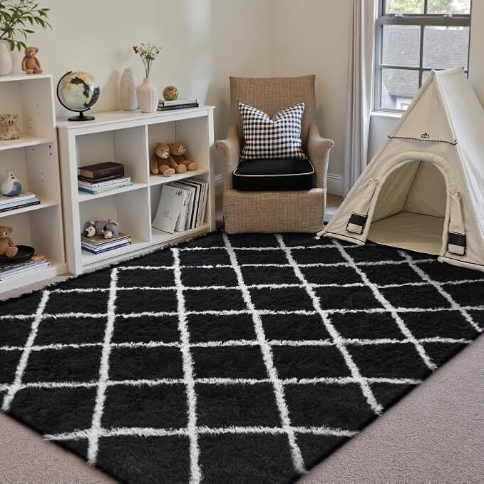 4x6 Checkered Rug for Living Room Black and White Modern Soft Area Rug Fluffy Non-Slip Carpet for Bedroom Playroom Home Aesthetic Decor